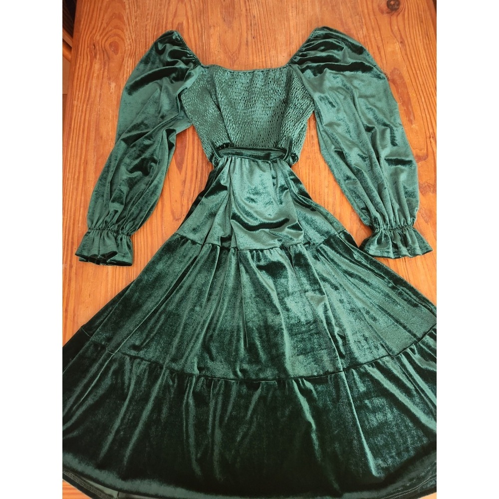 Green Velour On Off‎ Shoulder Smocked Tiered Belted Dress Lrg Ruffle Milkmaid